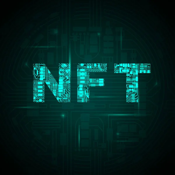 電気回路設計の明るい緑の英語のNft文字 暗号とブロックチェーンのテキスト要素 デジタル技術電気マザーボード — ストックベクタ