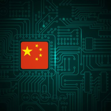 Green electronic circuit board with China flag microchip or CPU element
