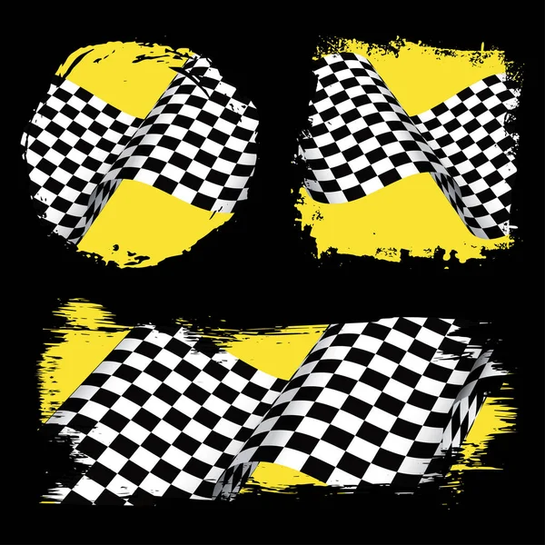Trzy Czarne Żółte Flagi Sportowe Sylwetki Start Metę Checkered Flagi — Wektor stockowy