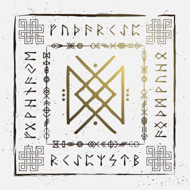 Old runic letters with grunge frame in celtic style isolated on white background. Square frame with decorations and Scandinavian doodle hand draw stave