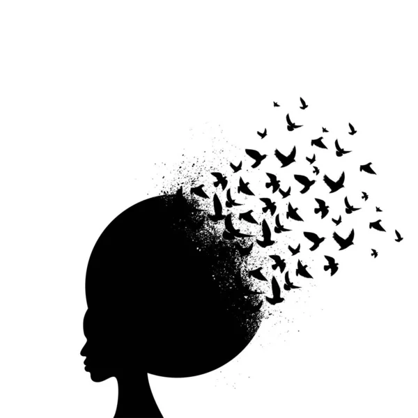 Abstract Black Woman Head Silhouette Different Thoughts Flying Birds Isolated — Vettoriale Stock