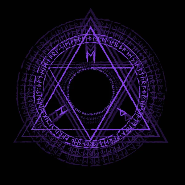 Símbolo Mágico Púrpura Brillante Con Triángulos Runas Vikingas Aisladas Sobre — Vector de stock