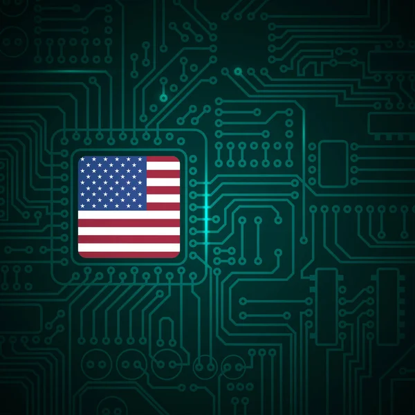 Green Background Usa Flag Microchip Perspective Electric Circuit Board Silhouette — Stockvector