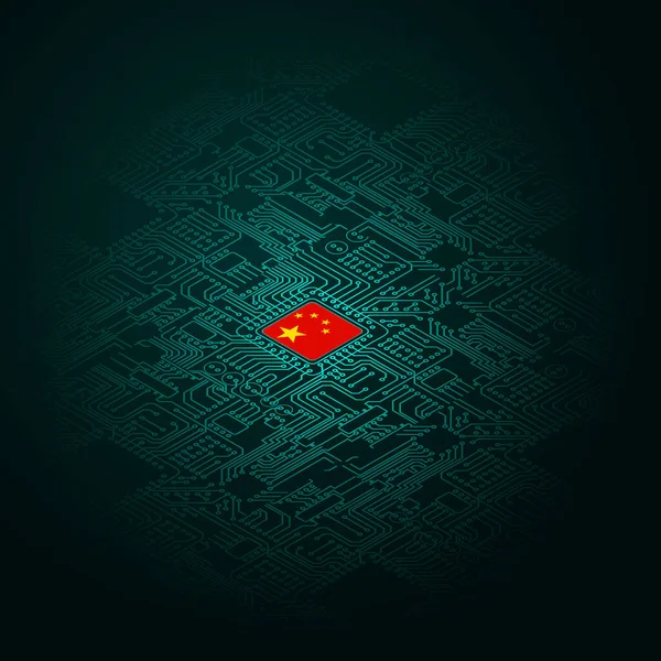 绿色背景与中国国旗微晶片和前景电路板轮廓 中国制造的带有Cpu的电子技术板 — 图库矢量图片