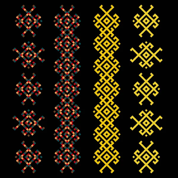 一组不同的黄色和多色三角形图案元素 在黑暗背景下隔离 — 图库矢量图片