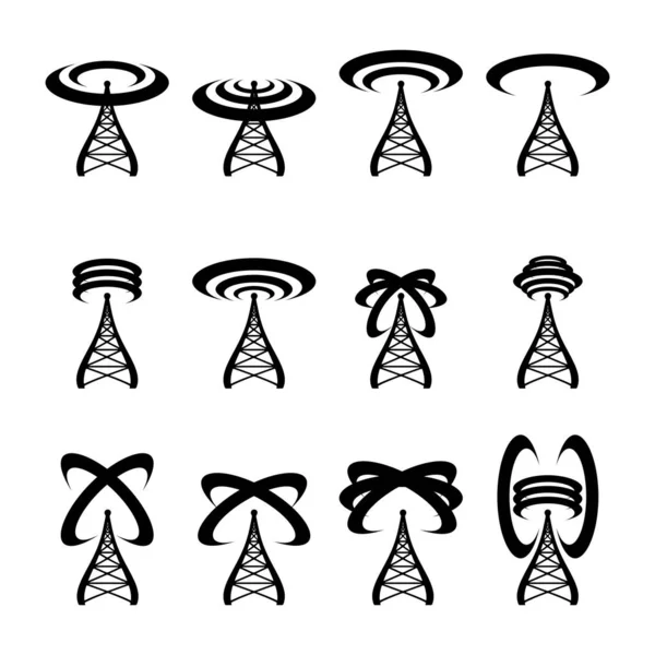 Набор Различных Радиовышек Волнами Различные Формы Радиосигналы Абстрактным Силуэтом Башни — стоковый вектор