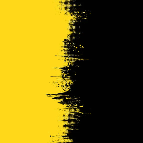 アブストラクトハーフトーンと黄色の背景を持つスプラッシュとグランジ黒インクのブロックライン — ストックベクタ