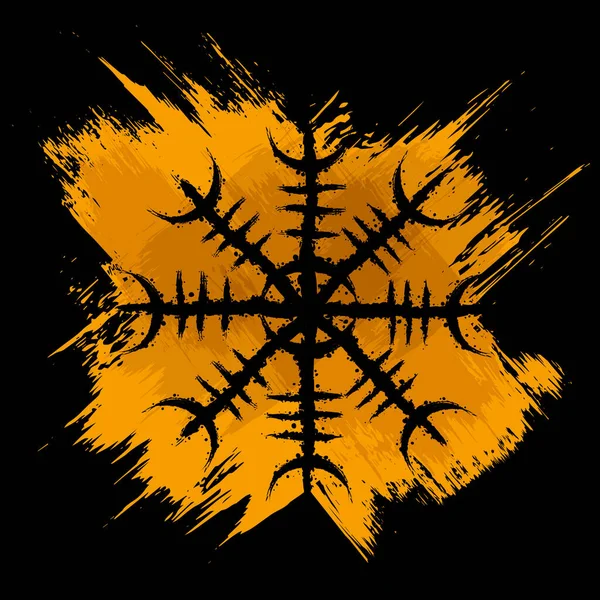 Cruz Grunge Naranja Aislada Sobre Fondo Negro Con Vikingo Helm — Vector de stock