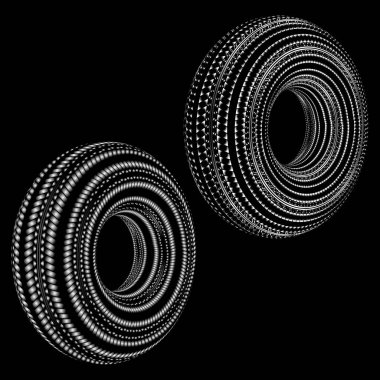 Soyut araç tekerleği silueti ve siyah arka planda izole edilmiş çember eğimli elementler. Taşımacılık lastik izi kalıpları ayarlandı