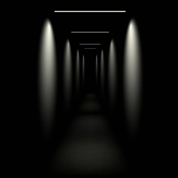 Zwarte Kamer Met Lineaire Lampen Rij Felle Gloeieffecten — Stockvector