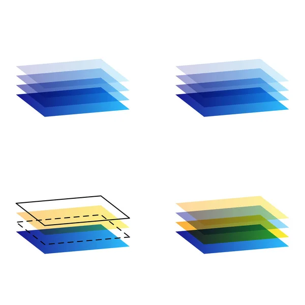 異なるフラットとアウトラインペーパーレイヤーのデザインアイコンのセット 正方形と円等角層のための水のロゴインターフェイス — ストックベクタ
