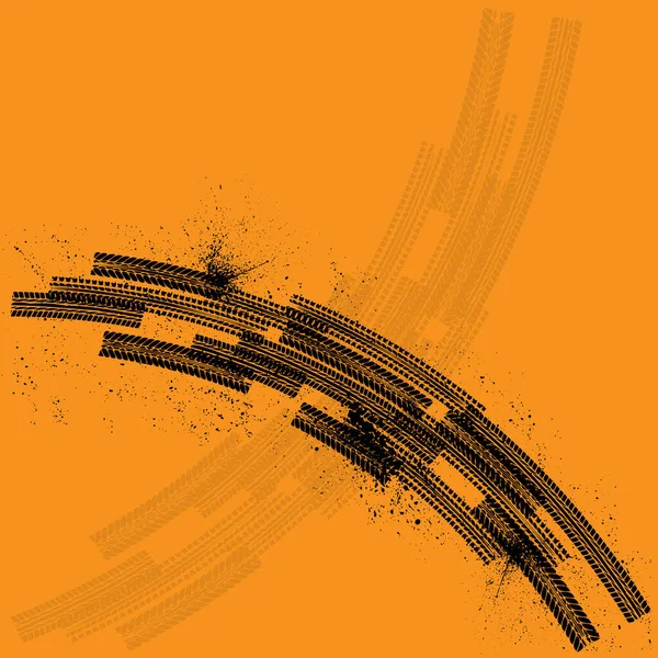 一组在橙色背景上隔离的黑色轮胎轨道轮廓 带有车胎痕迹和墨斑的弯曲磨擦运输路径 — 图库矢量图片
