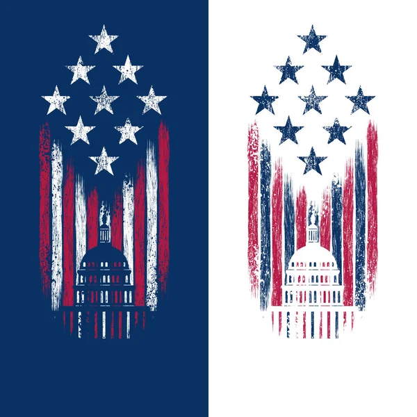 Grunge Abstrakt Usa Flagga Med Capitol Silhuett Isolerad Blå Och — Stock vektor