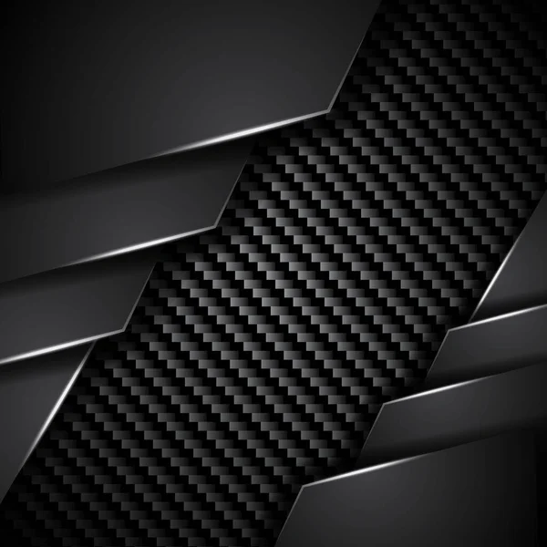 Абстрактный Черный Геометрический Фон Блестящими Линейными Элементами Углеродной Текстурой — стоковый вектор