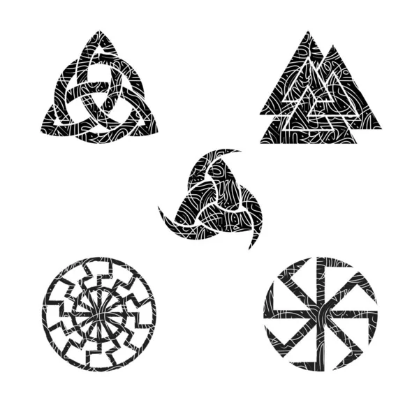 Conjunto Símbolos Nórdicos Grunge Negros Aislados Sobre Fondo Blanco Mitología — Archivo Imágenes Vectoriales