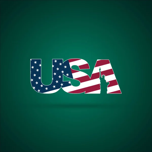 Flagge Und Text Der Vereinigten Staaten Von Amerika Mit Freiheitsstatue — Stockvektor