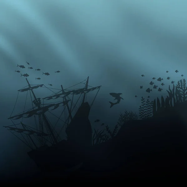 古い船と魚のシルエットと水の背景の下で暗い青 — ストックベクタ