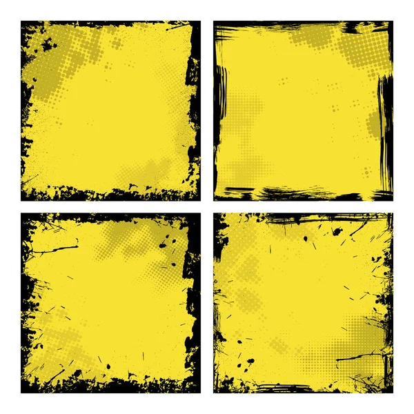 Sada Čtyř Černých Grunge Rámečků Žlutým Pozadím Polotóny Inkoustem Skvrny — Stockový vektor