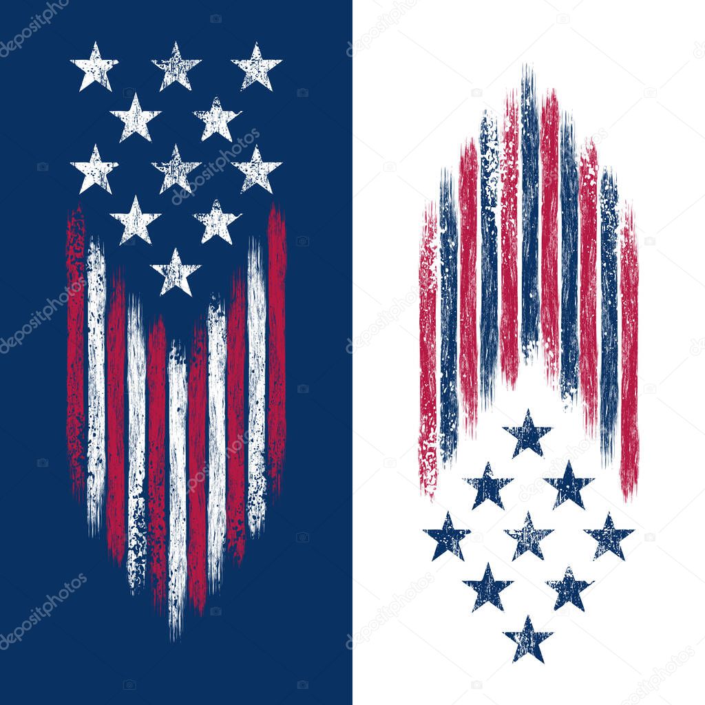 Grunge abstract USA flag with stars and stripes silhouette isolated on blue and white background