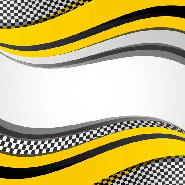スタートラインとフィニッシュラインのためのブラックスポーツフラグシルエット チェッカー手振りモータースポーツレースパターンと黄色の背景 — ストックベクタ