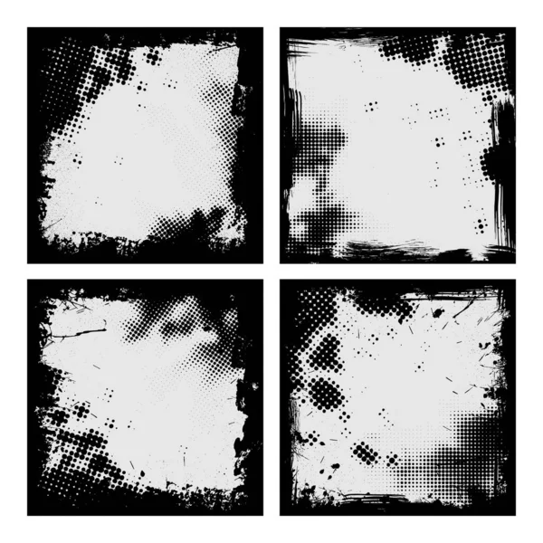 Ensemble Quatre Cadres Grunge Noirs Avec Demi Tons Taches Encre — Image vectorielle