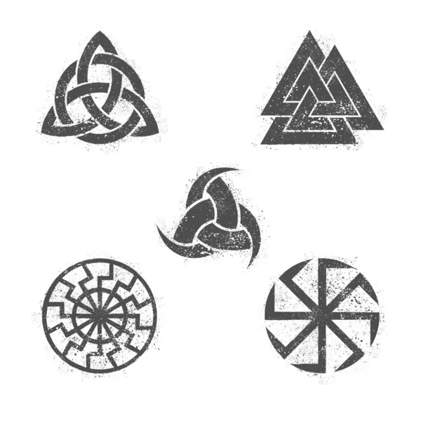 Sada Šedých Grunge Norské Symboly Izolované Bílém Pozadí Vikingská Mytologie — Stockový vektor
