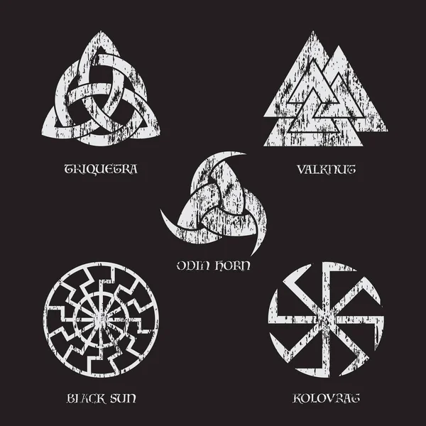 Conjunto Símbolos Nórdicos Grunge Grises Aislados Sobre Fondo Negro Mitología — Archivo Imágenes Vectoriales