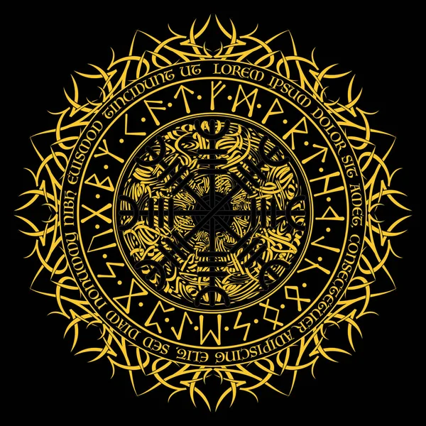 Oude Gele Cirkel Scandinavische Runic Grunge Symbool Geïsoleerd Zwarte Achtergrond — Stockvector