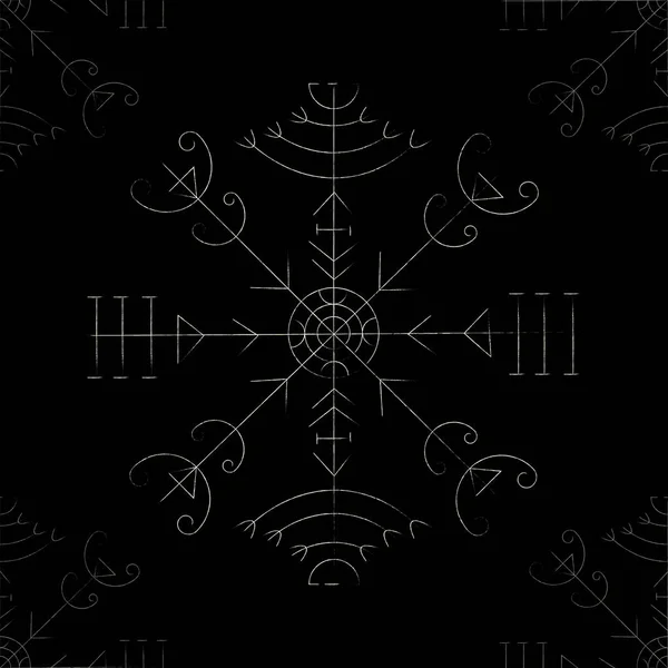 古老的逻辑Veldismagn符号在图标风格上被隔离在黑色背景上 带有装饰和斯堪的纳维亚涂鸦手绘元素的正方形框架 — 图库矢量图片