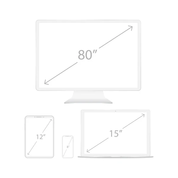 Vita Specialgjorda Enheter Skärm Dimensioner Isolerade Vit Bakgrund Laptop Monitor — Stock vektor