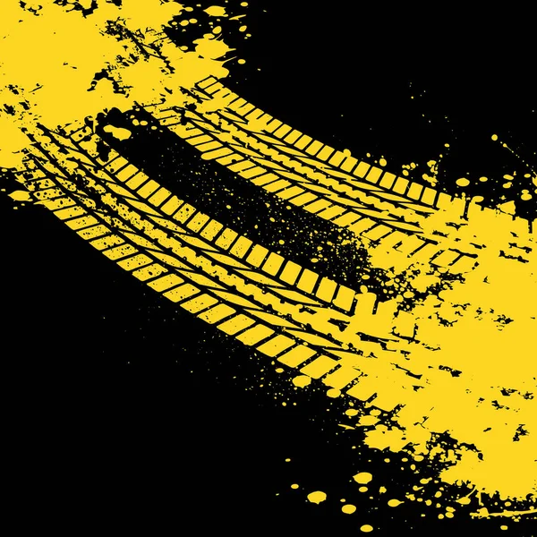 黑色背景 带有黄色的磨擦轮胎痕迹和墨斑飞溅 — 图库矢量图片