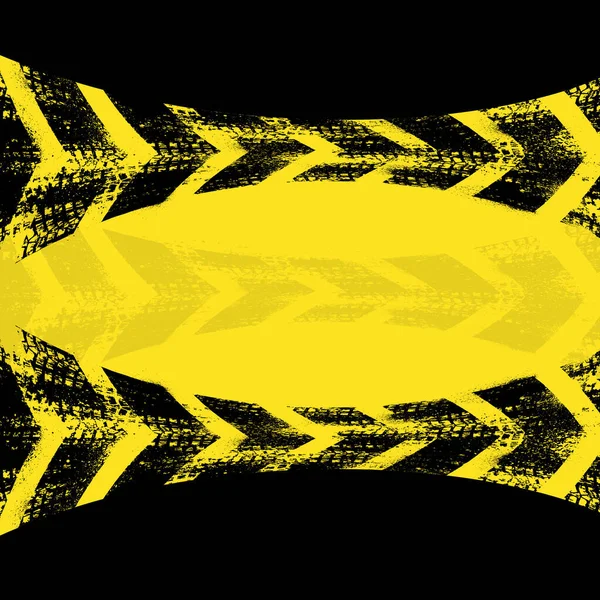 不同的黑色和黄色轮胎轨道上的墨斑与黑色背景隔离 运输和运动墙纸的翘曲箭头方向 — 图库矢量图片