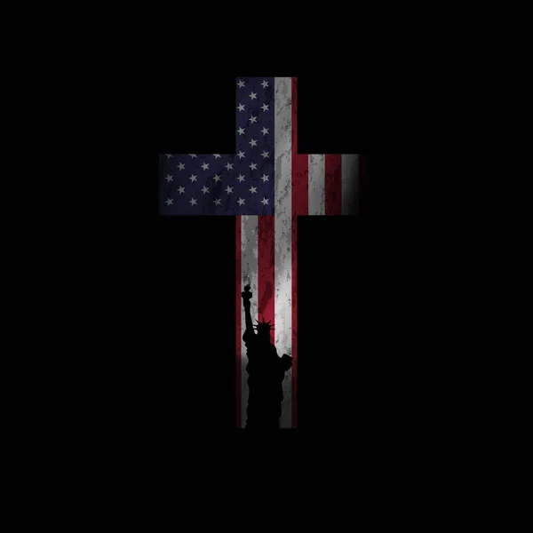 米国は黒地に孤立した十字型の旗を掲げている 自由の女神シルエット — ストックベクタ