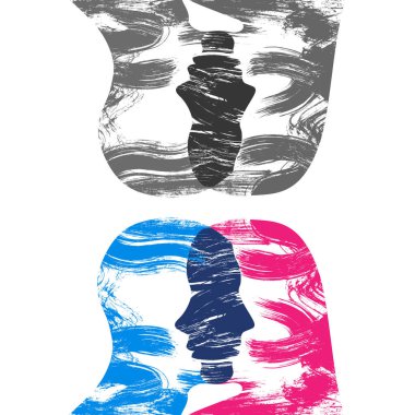 Beyin karalayan kadın ve erkeğin silueti. Farklı düşünceler ve kelimeler. Kadın ve erkek arasındaki anlayış