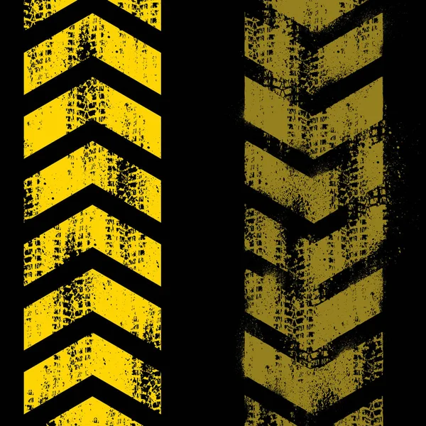 不同的带黄色轮胎痕迹的磨擦箭被隔离在黑色背景上 — 图库矢量图片
