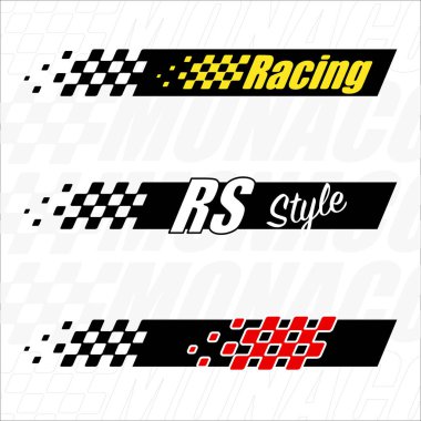 Abstract car sport race logo with black and white flag and sample text. Start and finish line design for racing championship clipart