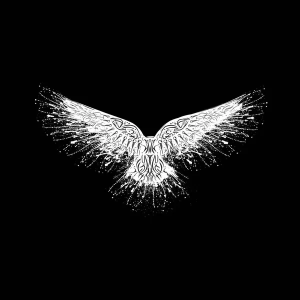 Silhouette Oiseau Grunge Blanche Isolée Sur Fond Noir Avec Motif — Image vectorielle