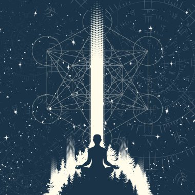 Yıldızlı ve ezoteris geometrik sembollü soyut evren. Ağaçlı ormanda insan meditasyonu silueti