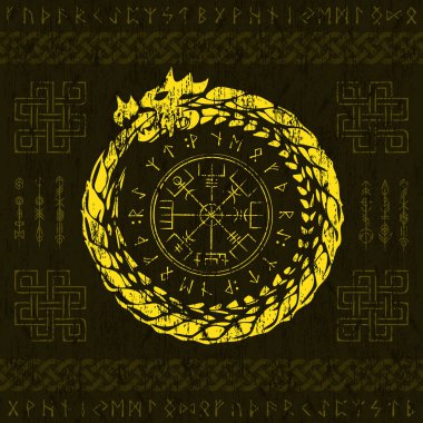Sarı runik İskandinav sembolü, ejderha çemberi ve Vegvisir işareti, İskandinav dövme tasarımı, siyah arka planda izole edilmiş.