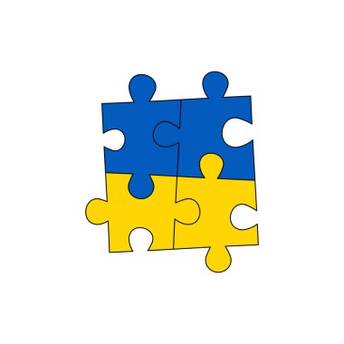 Farklı tasarım unsurları ve ulusal Ukrayna bayrağı renginde soyut bulmaca arkaplanı