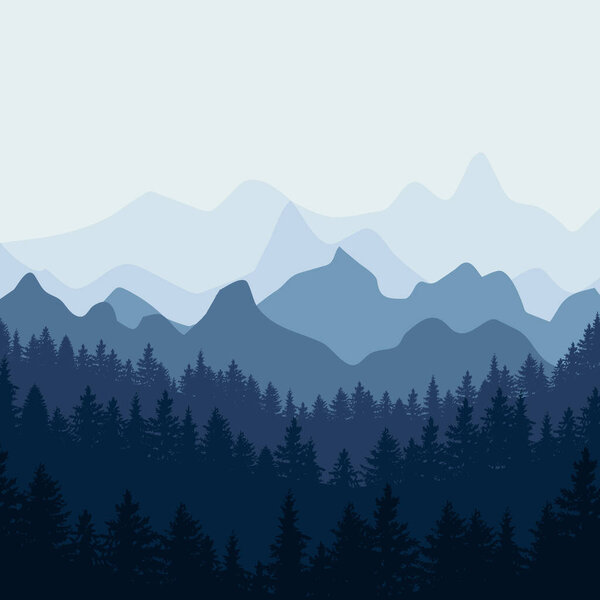 Абстрактный плоский дизайн с силуэтами гор и большим лесом