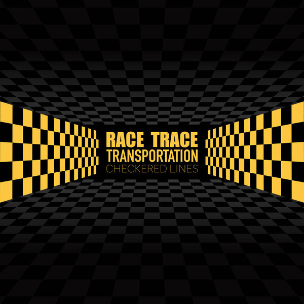 Checkered black and yellow sport flags line silhouettes for start and finish. Race track abstract dark background