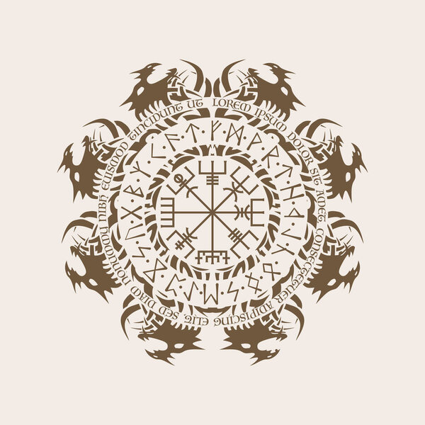 Тёмный рунический скандинавский символ с драконьим кругом и вегетарианским знаком для скандинавской татуировки, выделенный на белом фоне