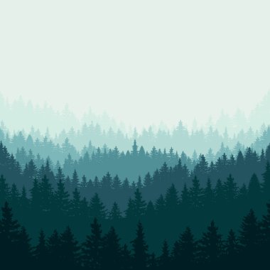 Dağ siluetleri ve büyük ormanlı soyut düz bir tasarım.