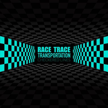 Damalı siyah ve mavi spor bayrakları başlangıç ve bitiş için siluetleri. Yarış izi soyut koyu arkaplan