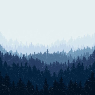 Dağ siluetleri ve büyük ormanlı soyut düz bir tasarım.