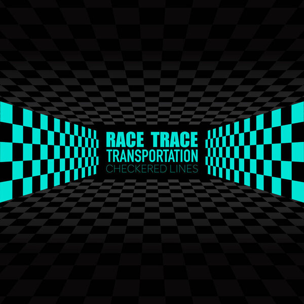 Checkered black and blue sport flags line silhouettes for start and finish. Race track abstract dark background