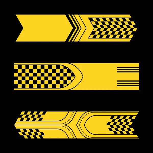 横の黄色いスポーツカーデカールシルエット ブラックバックで隔離されたサンプルテキストとリニア要素を含むチェッカーフラグパターン — ストックベクタ