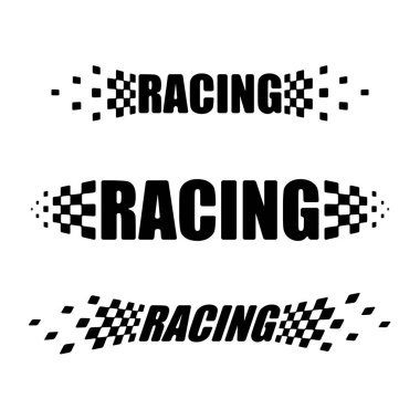 Siyah beyaz bayrak taşıyan soyut araba yarışı logosu. Yarış şampiyonası için başlangıç ve bitiş çizgisi tasarımı