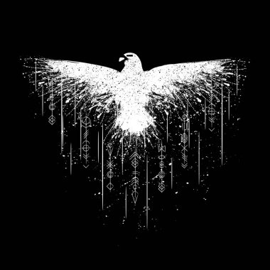 Beyaz grunge kuş siluet siyah arka plan üzerine izole mürekkep sıçrama ile